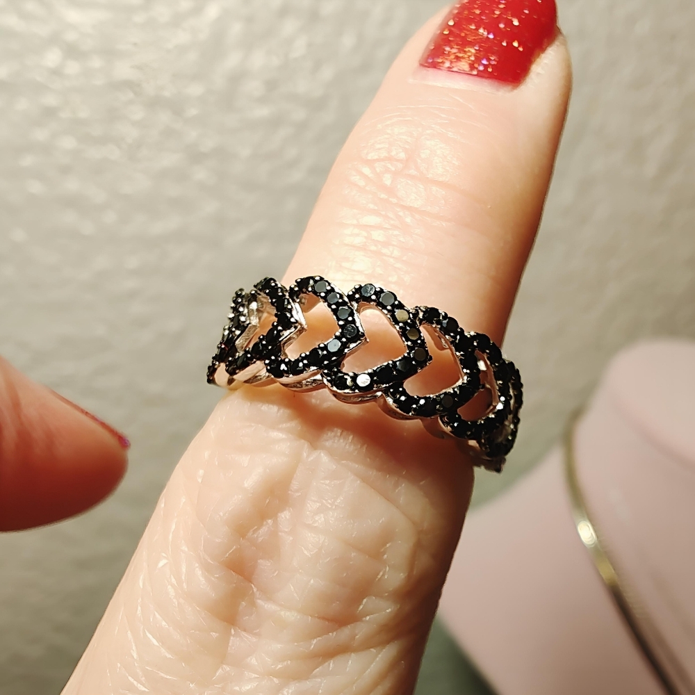 Macy's Black Spinel Multi-Heart Ring (5/8 ct. t.w.) in Sterling Silver Size 7 - Picture 3 of 10